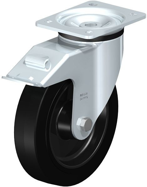 Blickle LK-POEV 200XR-FI Stahlblech-Lenkrolle, schwere Ausführung, mit Anschraubplatte & Feststeller, Elastik-Vollgummi, Schwarz, 851285