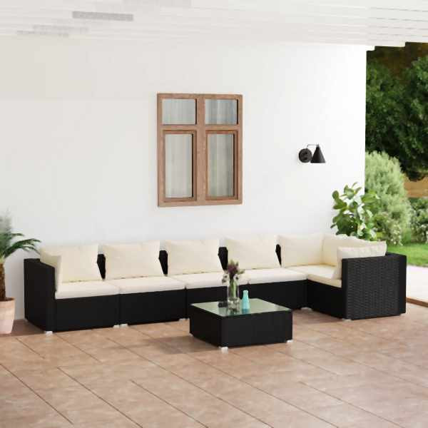 vidaXL 7-tlg. Garten-Lounge-Set mit Kissen Poly Rattan Schwarz, 3101719