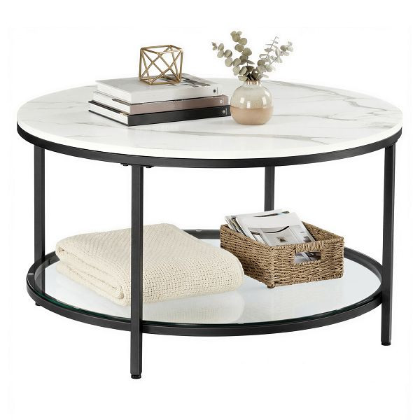 VASAGLE Couchtisch, Wohnzimmertisch, Sofatisch mit Glasdecke, großer Stauraum, moderner Stil, weißer Marmoreffekt, schwarzer Rahmen, LCT071B13