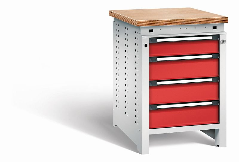 Otto Kind Werkbank Serie function Typ 107, Multiplexplatte, bündig, 4 Schubladen, mit Zentralverschluss, Gehäuse RAL 7035, Front RAL 3000, 072324134