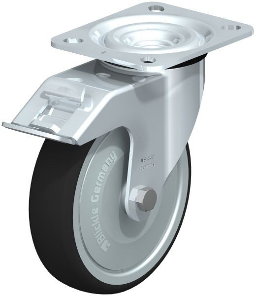 Blickle L-PATH 125K-FI-FK Stahlblech-Lenkrolle, mittelschwere Ausführung, mit Anschraubplatte & Feststeller, Thermoplastisches Polyurethan, Grau, 759142