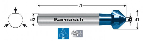 Karnasch Kegelsenker 82°, HSS-XE+ Blue-Tec Beschichtet 3-Flächen-Schaft, DIN 335 d=1/2' (d=12,4mm), VE: 2 Stück, 201785040