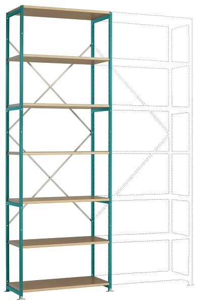 Manuflex Schweres Fachboden-Steckregal Grundregal mit 7 Holzverbundböden, HxBxT = 3000 x 1030 x 800 mm, wasserblau, RP1615.5021