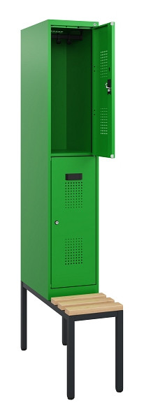 C+P Doppelstöckiger Spind Evolo PLUS, Bank, 2 Fächer, 1950x300x815mm, 6037/6037, Zylinderschloss, Sitzfläche Buche-Hartholz, Sitzbank, 0493505-10 S10077