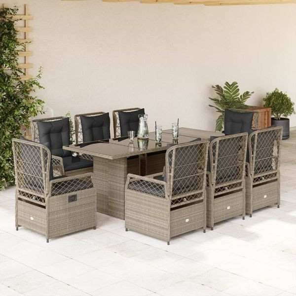 vidaXL 9-teilig Garten-Essgruppe mit Kissen Hellgrau Poly Rattan, 3262941