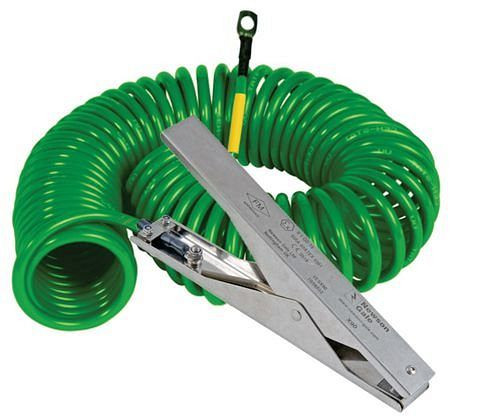 DENIOS Spiralerdungskabel, 1 Edelstahl-Erdungszange HD 235 mm, 3 m Auszugslänge, ATEX, 201354