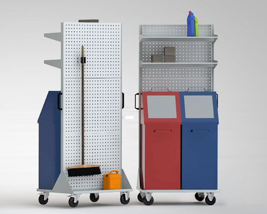 KLW Reinigungsstation mobil 1950x900x650mm mit doppelseitiger Lochplatte, 2 Wertstoffbehälter 16/BF-O 795x420x420mm, 16/RSM-02-1