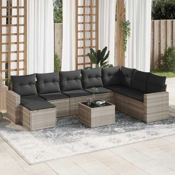 vidaXL 9-teilig Garten-Sofagarnitur mit Kissen Hellgrau Poly Rattan, 3219362