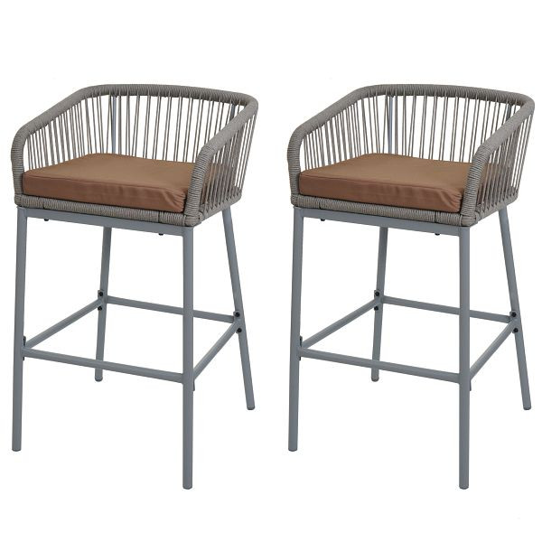 Mendler 2er-Set Rope-Barhocker HWC-O22, Tresenhocker, Outdoor Sitzpolster Seilgeflecht Metall, hellgrau, Kissen taupe, 110997
