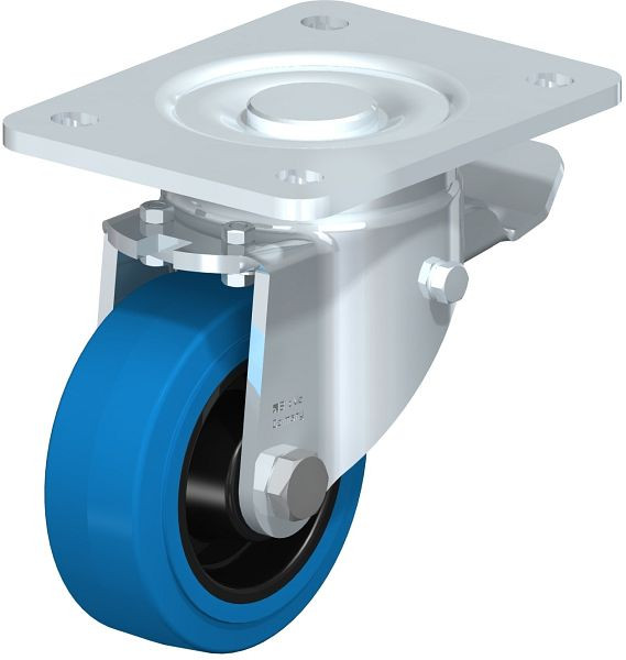 Blickle LH-POEV 100XR-3-ST-SB Stahlblech-Lenkrolle, Schwerlast-Ausführung, mit Anschraubplatte & Feststeller, Elastik-Vollgummi, Blau, 851760
