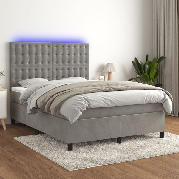 vidaXL Boxspringbett mit Matratze & LED Hellgrau 140x200 cm Samt, 3136365