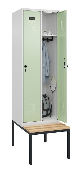 C+P Spind Evolo PLUS, 2 Abteil, 2120x600x815mm, 9016/6019, Drehriegel, Sitzfläche Buche-Hartholz, Sitzbank, 0490507-20 S10019