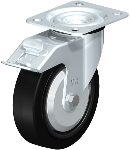 Blickle LE-POEV 125G-FI-FA Stahlblech-Lenkrolle mit Anschraubplatte & Feststeller, Elastik-Vollgummi, Schwarz, 850113