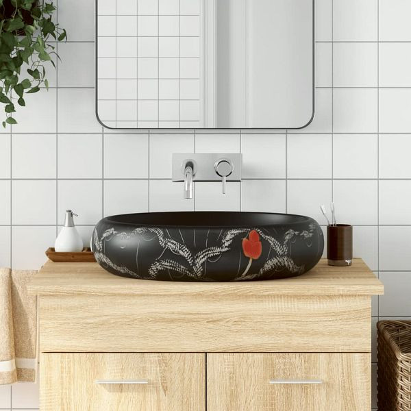 vidaXL Aufsatzwaschbecken Schwarz Oval 59x40x15 cm Keramik, 155082