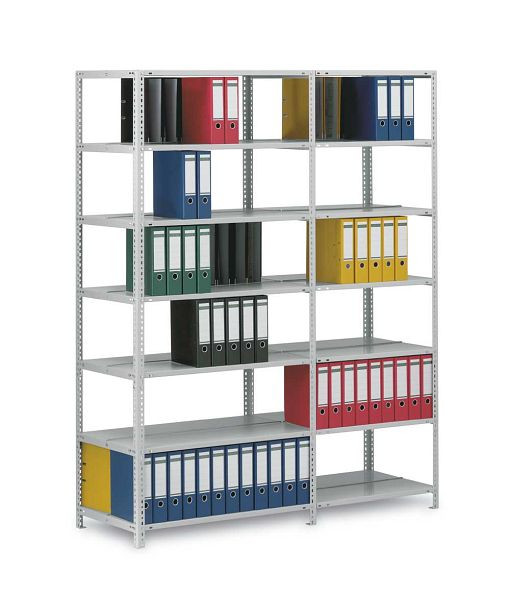 hofe Akten-Anbauregal, 800x600x750 mm, 3 Fachebenen, für 36 Ordner, RAL 7035, 60 kg Fachlast, 300 kg Feldlast, zweiseitige Bedienung, WKA08607DD