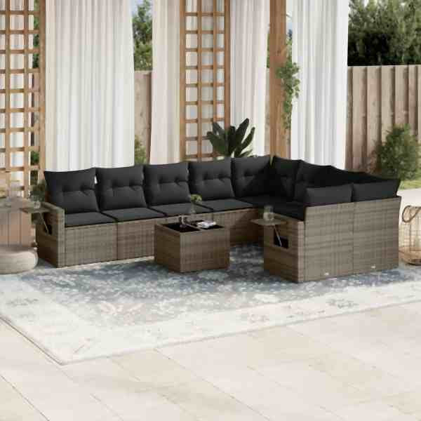 vidaXL 10-tlg. Garten-Sofagarnitur mit Kissen Grau Poly Rattan, UV-beständig, 3252987
