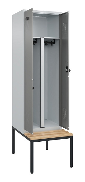 C+P PSA Doppel-Spind Evolo PLUS, Bank, 2 Abteile, 2120x600x815mm, 7035/0004, Drehriegel, Sitzfläche Buche-Hartholz, Sitzbank, 0490527-20P S10014
