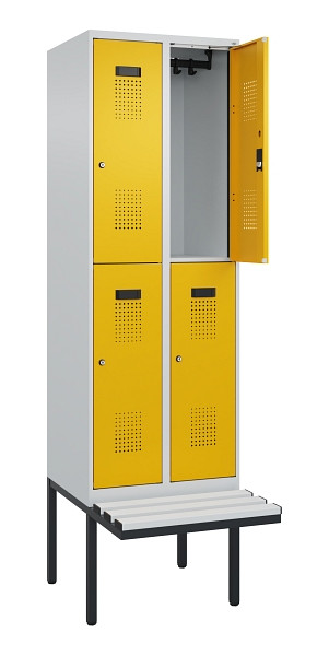 C+P Doppelstock-Spind Evolo PLUS, Bank, 4 Fächer, 2120x600x815mm, 7035/1004, Zylinderschloss, Sitzfläche Kunststoff, 0493407-20 S10108
