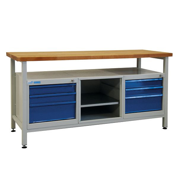 ADB Werkbank 6 Schubladen + 1 Regalteil, 1700x600x840 mm, Farbe Werktisch: lichtgrau, RAL 7035, Farbe Tür/Schubladen: Lichtblau (RAL 5012), 42751