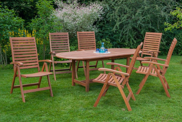 Merxx La Plata Set 7-teilig, 6 La Plata Klappsessel, 5-fach verstellbar, 1 Ausziehtisch, 160 (210) x 90 cm, FSC Eukalyptusholz, 50026-011