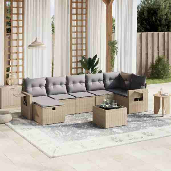vidaXL 8-tlg. Garten-Sofagarnitur mit Kissen Beige Poly Rattan, UV-beständig, 3263825