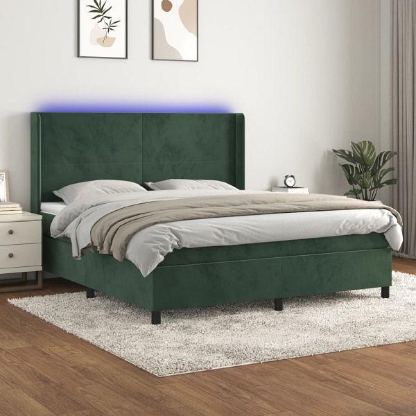 vidaXL Boxspringbett mit Matratze & LED Dunkelgrün 160x200 cm Samt, 3139454