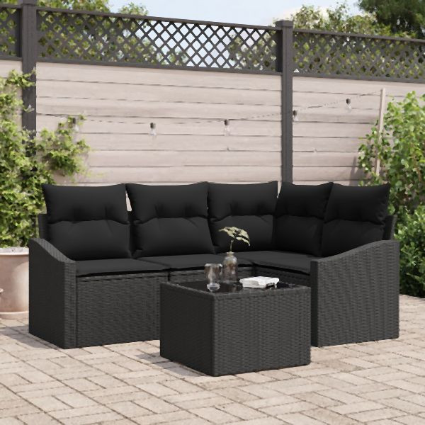 vidaXL Garten-Sofa-Set Set aus 5 Schwarz Rattan, Polyester, 3355382
