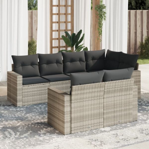 vidaXL 7-tlg. Garten-Sofagarnitur mit Kissen Hellgrau Poly Rattan, 3251549
