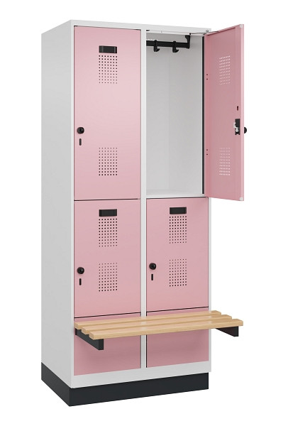 C+P Doppelstock-Spind Evolo PLUS, Bank, 4 Fächer, 1950x800x815mm, 9016/3015, Drehriegel, Sitzfläche Buche-Hartholz, mit Sockel, 049340-22 S10018