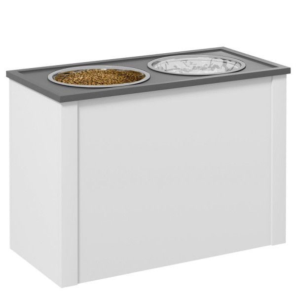 PawHut Futterstation Erhöhte Fressnäpfe 1 Stauraum 2 Edelstahl-Futternäpfe, 60 x 30 x 42cm, Weiß + Grau, D08-053V00WT