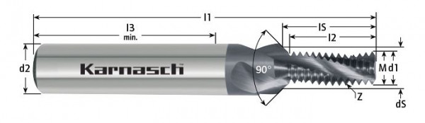 Karnasch VHM-Gewindefräser ohne IK ISO-DIN 13 M 8 x 1,25 2,0xD DCC 0318, 90° Senkstufe, 2320060812520