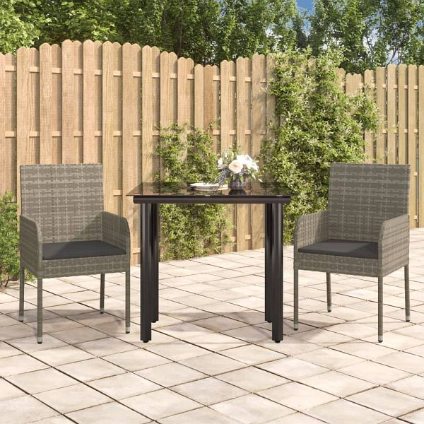 vidaXL 3-tlg. Garten-Essgruppe mit Kissen Schwarz und Grau Poly Rattan, 3185161