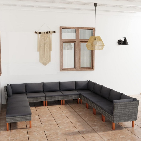 vidaXL 12-tlg. Garten-Lounge-Set mit Kissen Poly Rattan Grau, 3059724