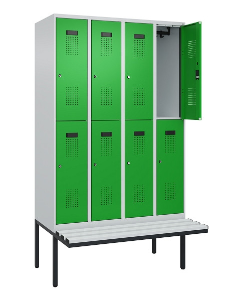 C+P Doppelstock-Spind Evolo PLUS, Bank, 8 Fächer, 2120x1200x815mm, 7035/6037, Zylinderschloss, Sitzfläche Kunststoff, 0493407-40 S10119