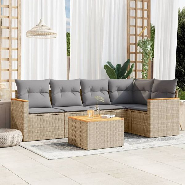 vidaXL 6-teilig Garten-Sofagarnitur mit Kissen Beige Poly Rattan, 3225954