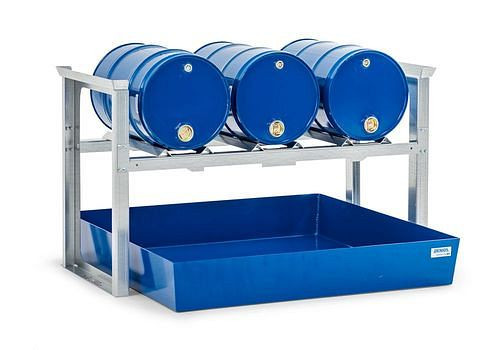 DENIOS Fassregal für 3 Fässer à 60 Liter, mit Stahlwanne, 1429 x 1210 x 837 mm, 291787