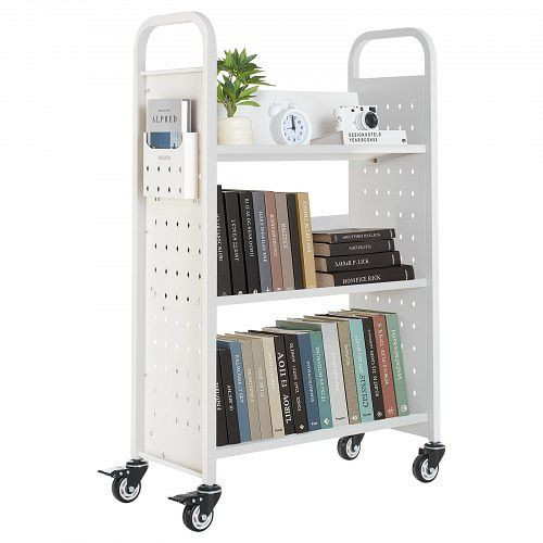 VEVOR Bücherwagen, 150 kg Tragkraft, 77x38x122 cm, V-förmig, Doppelbremsrollen, für Wohnzimmer, Büro, Schule, Weiß, VXTSGTCBS330I2HAK001V0