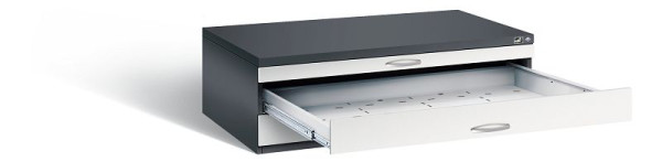 C+P Flachablageschrank Serie 7100_7200, H420xB1350xT960mm, Farbe: Schwarzgrau / Lichtgrau, Bügelgriff, 7200-100 S10089