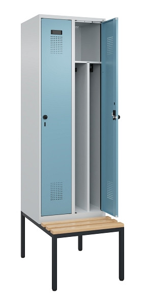 C+P Spind Evolo PLUS, 2 Abteile, 2120x600x815mm, 7035/0010, Drehriegel, Sitzfläche Buche-Hartholz, Sitzbank, 0490507-20F S10009