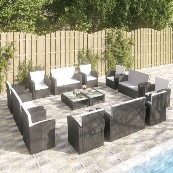 vidaXL 16-teilig Garten-Lounge-Set mit Kissen Poly-Rattan Schwarz, 3095942