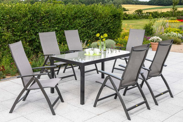Merxx Vicenza Set 7-teilig, 6 Klappsessel, 1 Tisch, 150 x 90 cm, graue Tischplatte, graphit/diamantbraun, Aluminiumgestell mit Textilbespannung, 50285-217