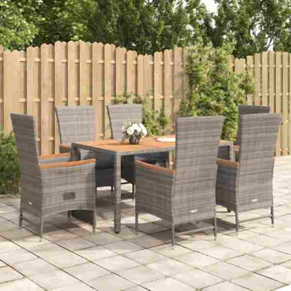 vidaXL 7-tlg. Garten-Essgruppe mit Kissen Grau Poly Rattan, 3157551