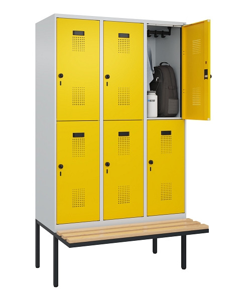 C+P Doppelstock-Spind Evolo PLUS, Bank, 6 Fächer, 2120x1200x815mm, 7035/1023, Drehriegel, Sitzfläche Buche-Hartholz, 0493407-32 S10001
