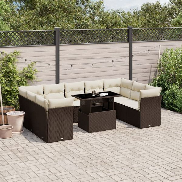 vidaXL 10-teilig Garten-Sofagarnitur mit Kissen Braun Poly Rattan, 3266823