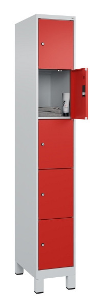 C+P Schließfachschrank Evolo PLUS, mit Füßen, 5 Fächer, 1950x300x500mm, 7035/30, Frontfarbe RAL 3020 Verkehrsrot, 049010-105 S10005