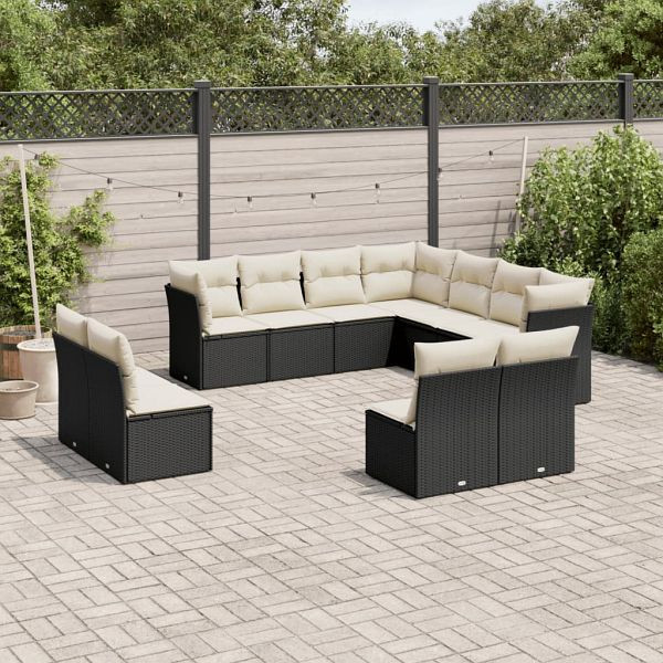 vidaXL 11-tlg. Garten-Sofagarnitur mit Kissen Schwarz Poly Rattan, 3249655