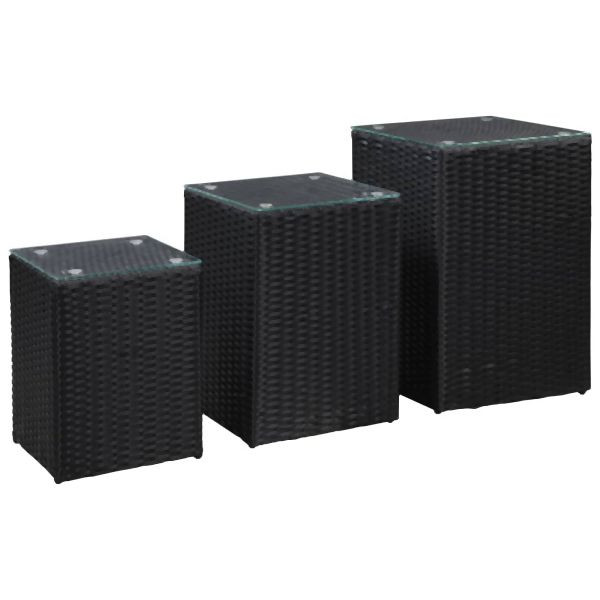 vidaXL Beistelltische 3 Stück im Set mit Glasplatte Schwarz Poly Rattan, 46984