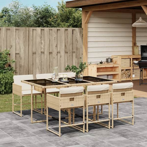 vidaXL 7-tlg. Garten-Essgruppe mit Kissen Beige Poly Rattan, UV-beständig, 3278037