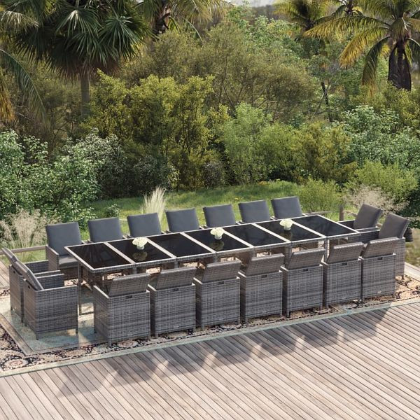 vidaXL 19-teilig Garten-Essgruppe mit Kissen Poly Rattan Grau, 3095645