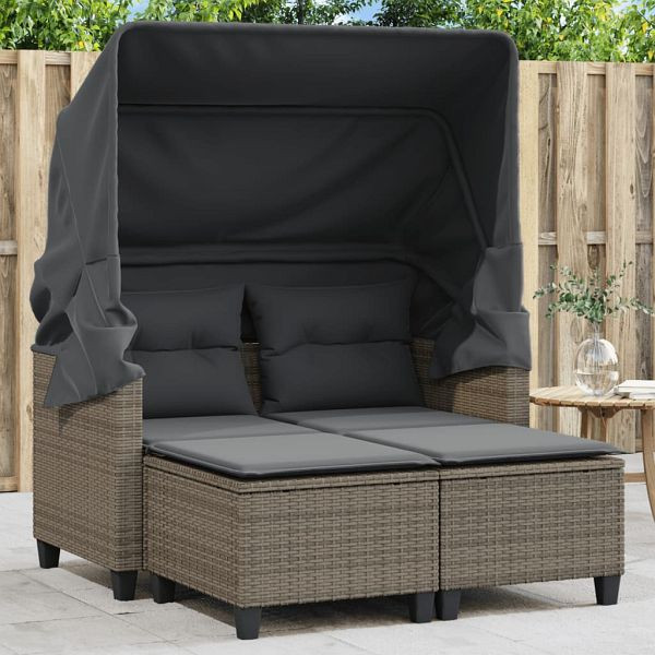 vidaXL Gartensofa 2-Sitzer mit Dach und Hockern Grau Poly Rattan, 365783